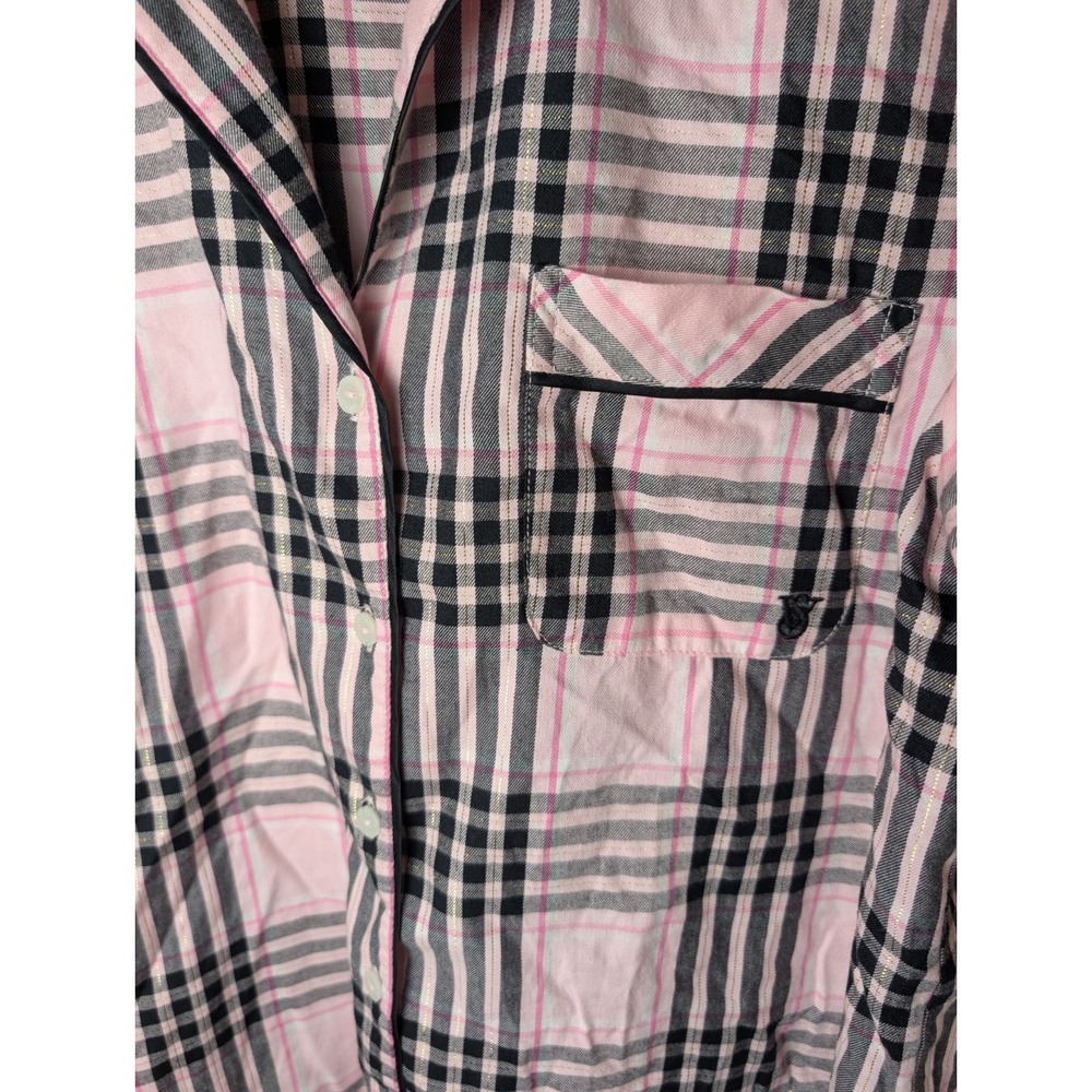 Victorias Secret Pink Black Plaid Button Down Flannel Pajama Shirt Sz M Leisure - Picture 3 of 9